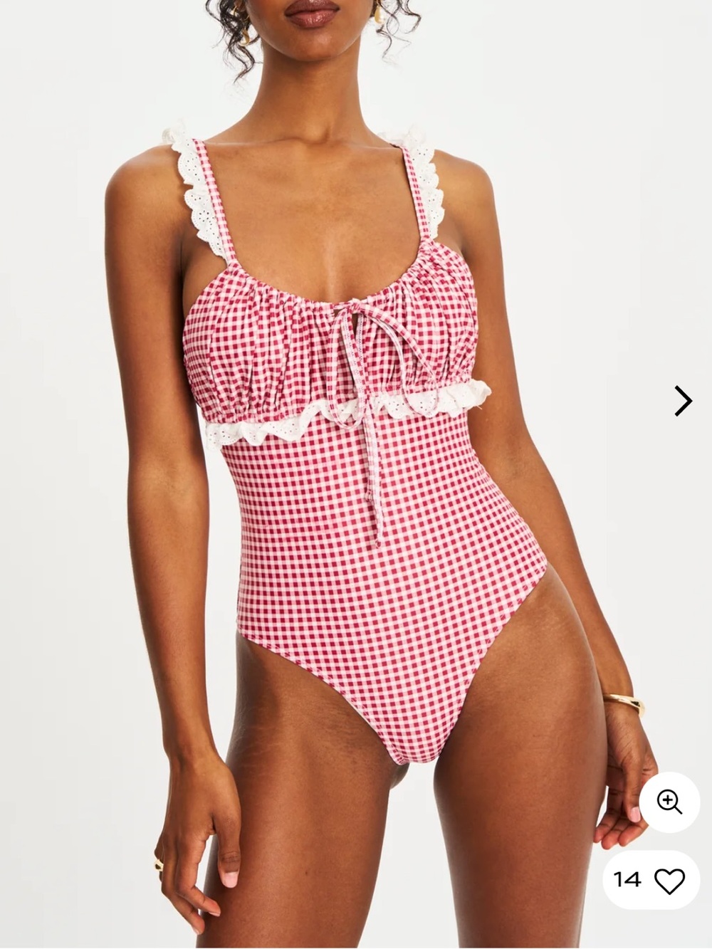 Girls Red Gingham One-Piece Swimsuit with Lace Trim